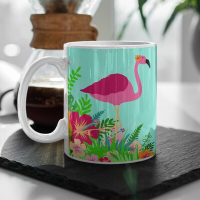 Coffee Mug: Tropical Flamingo. High-quality sublimation inks on 12 or 15oz ceramic mug. Tropical Decor, Flamingo Coffee Mug, Whimsical Mug - image1